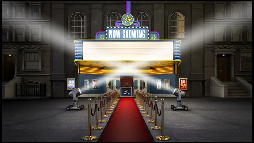 1080p HD video of a blank old fashioned movie marquee and panning spotlights shining in the air.
