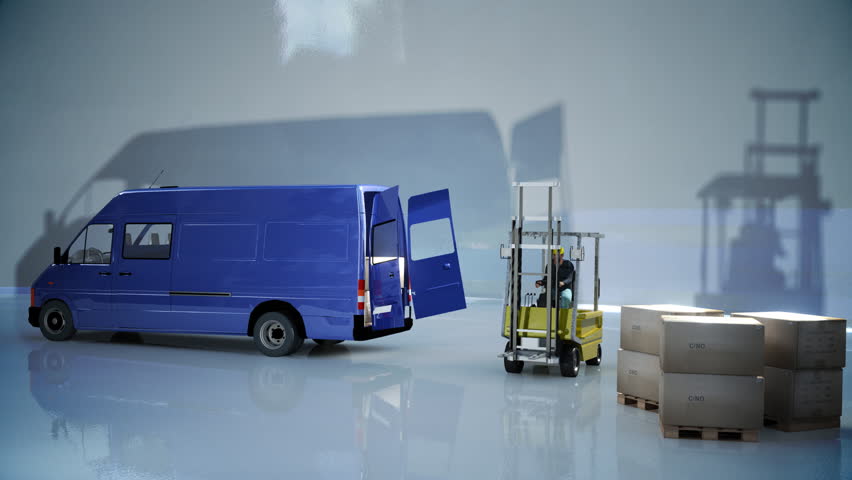 van being unloaded by fork lift truck with matte for easy com-positing into your own shots, dispatch