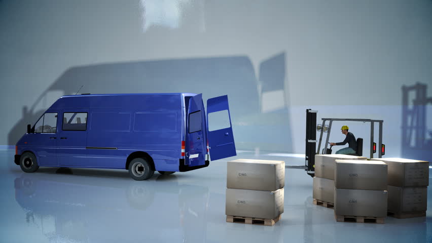 van being loaded by fork lift truck with matte for easy compositing into your own shots