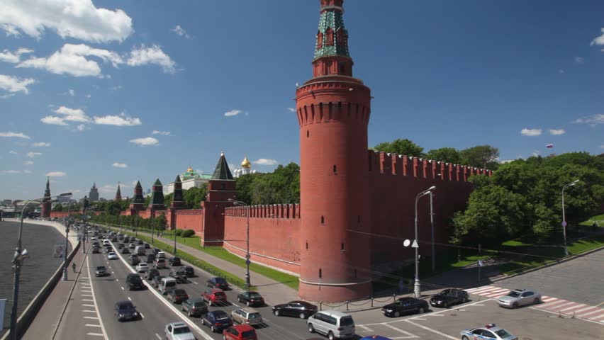 The Cathedral of Intercession of Theotokos on Moat, popularly known as Saint Basil's Cathedral, GUM, Moscow Kremlin towers in Red Square, panorama