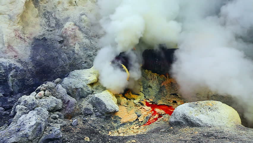 Close view on sulfur mine at Ijen crater. East Java, Indonesia.
