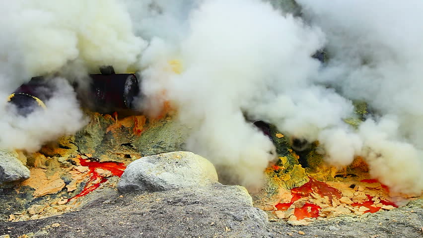 Close view on sulfur mine at Ijen crater. East Java, Indonesia.