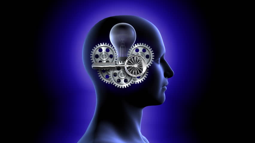 A 1080p resolution stock video of gears inside a man's head spinning while the light bulb fully turns on and starts to flash. 