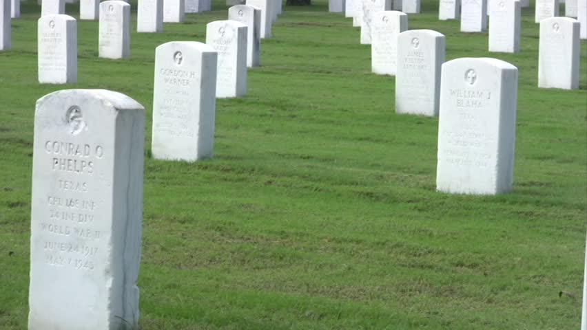 Video Pan right of Fort Sam Houston Army Post Veterans Cemetery.  Memorial to those who have served in the Armed Forces. 