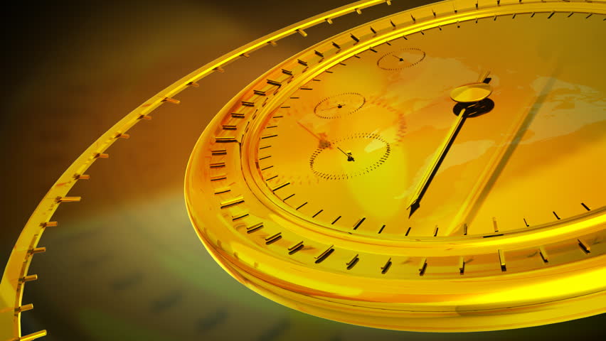 Computer-rendered animation for current event with gold clock. 