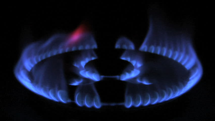 Blue flames of gas stove on the black background 