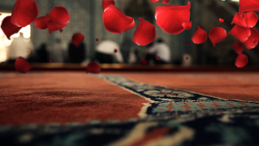 Red rose leafs floating and flying over richly decorated red carpet CGI generated, color matched image with nice shadow effects / HD1080 / 30fps