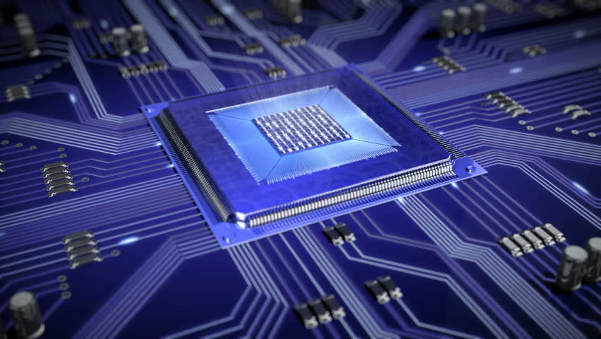 Circuit Board With Moving Electrons. CPU Processing Data. Stock Footage