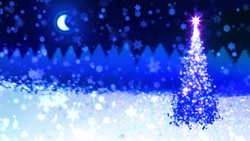 Blue Christmas Tree on the postcard on the snow. Christmas time.