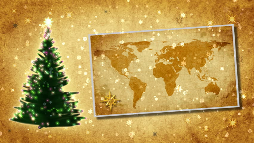 Christmas tree and map of World on the postcard.Retro style.