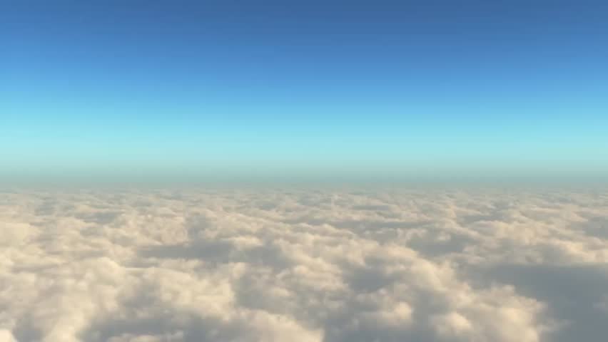 Camera dives into expansive cloud layer and flies through the tops of clouds.