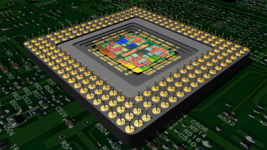 This 3D loop animation is of a processor core sitting on a circuit board