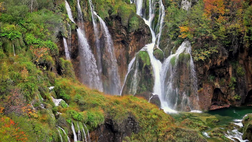 Picturesque waterfall in the mountains of Plitvice Lakes National Park, Croatia