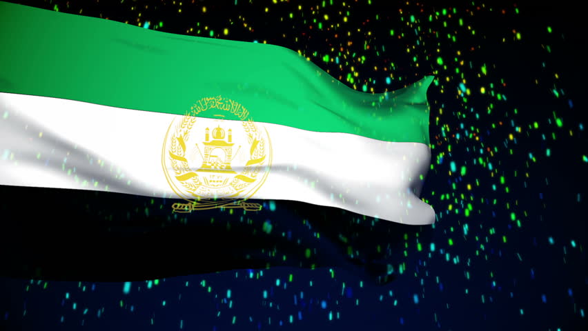 Afghanistan Flag slowly waving in the wind. Silk material. Fairy snow night. Seamless, 8 seconds long loop.