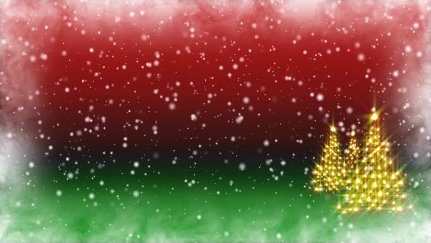Seamless Loop with snow fall before a red and green Christmas horizon with brilliant lighted Christmas trees and a morphing frosty border surrounding.
