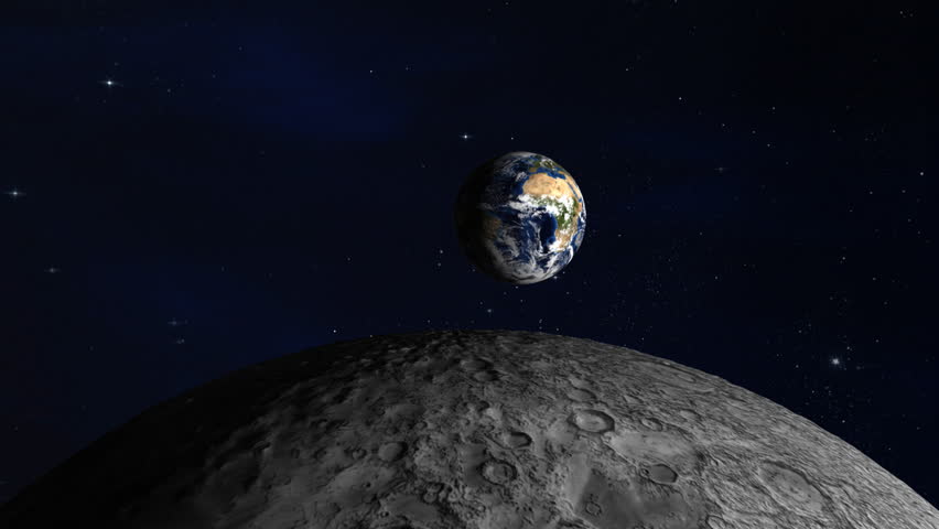 Earth from the moon, slow rotation. High quality textures with starry background. Moon surface is simulated like the real.