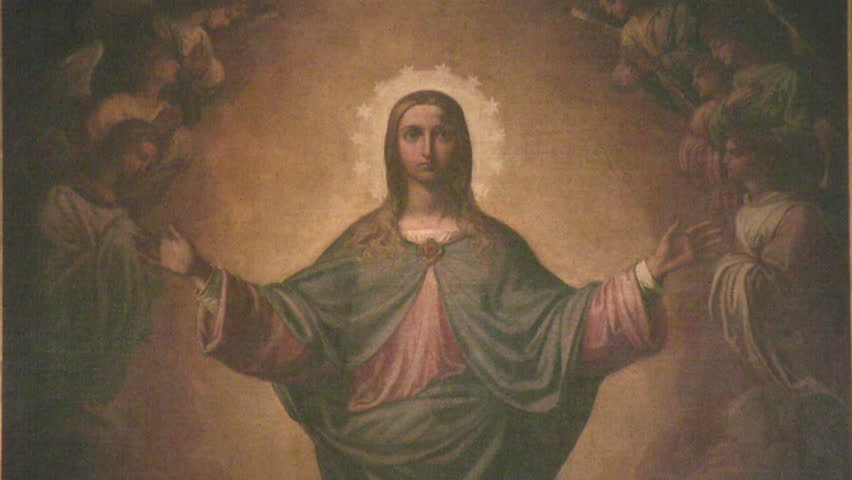 Video zoom out from painting of Jesus Christ to chapel pews inside of old Spanish Mission Concepcion in San Antonio, Texas. Built in early 1700Ã¢â¬â¢s by missionaries from Spain and local Indians.  
