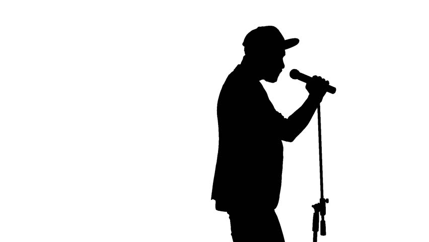 Black Silhouette Of Microphone And Vigorously Singing Singer On White