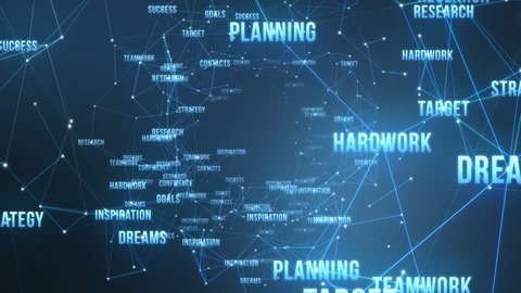 Flying Through 3d Text And Particles With Connected Dots And Polygons Motivational Words And Terms Seamless Looping Animation Motion Background Blue - 