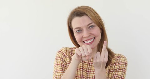 Girl fuck you isolated. woman showing middle finger smiling and think fuck  you white background