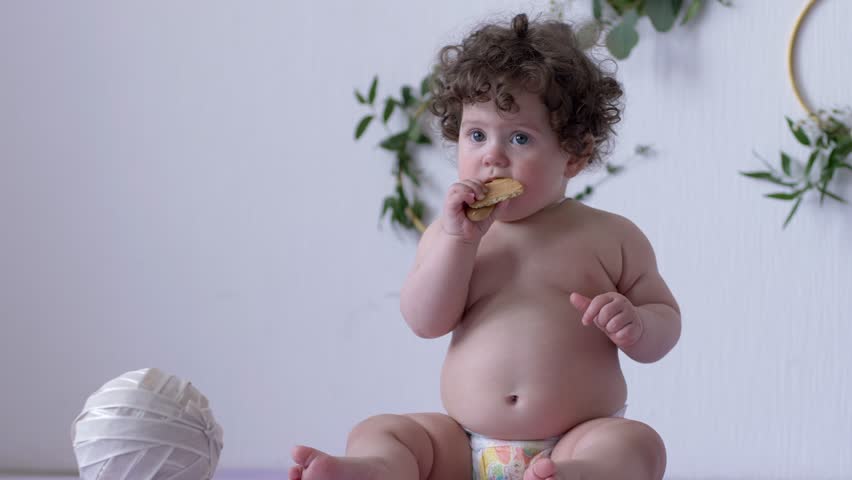 Beautiful Plump Small Child With Curly Hair Eats Cookie Indoors On