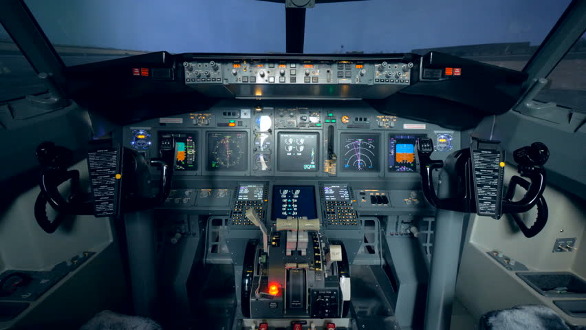 Empty Cabin Cockpit Of An Aircraft From The Inside Pilot Cabin Of An