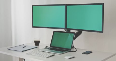 Laptop Connected Two Monitors Display Screens Stock Footage 100 Royalty Free 1015011718 Shutterstock Laptop Connected Two Monitors Display, Computer Desk For Two Monitors And Laptop
