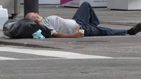 Toronto, Ontario, Canada April 2019 Homeless Person the Streets Of Wealthy Financial District