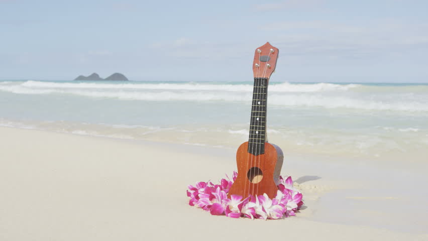 Hawaii Concept With Ukulele And Lei On Beach. Traditional Hawaiian ...