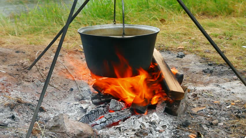 Rustic Pot Boiling Outdoor On A Fire In Yard, Rural Cooking, Healthy ...