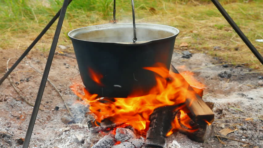 Rustic Pot Boiling Outdoor On A Fire In Yard, Rural Cooking, Healthy ...