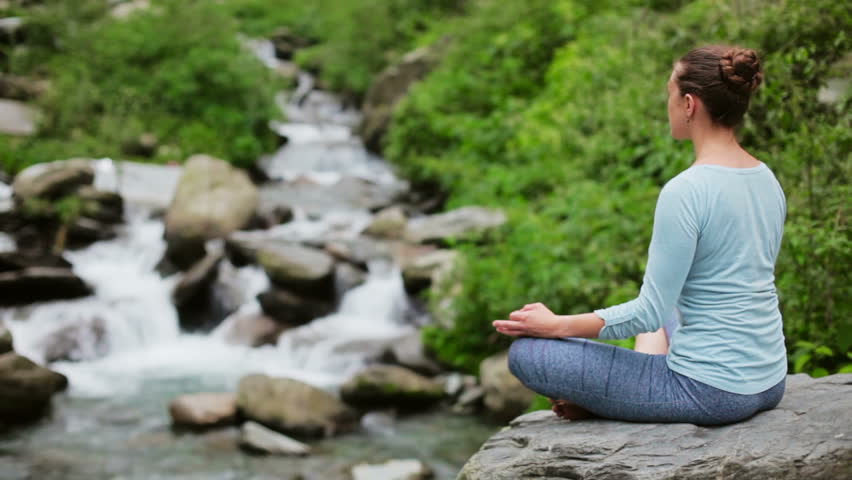 Woman Meditating at Tropical Waterfall Stock Footage Video (100% ...