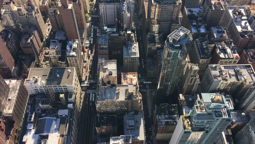 Stock video of midtown manhattan buildings, top-down aerial view