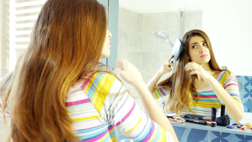 Woman With Very Long Hair Brushing In Front Of Mirror Happy 4k