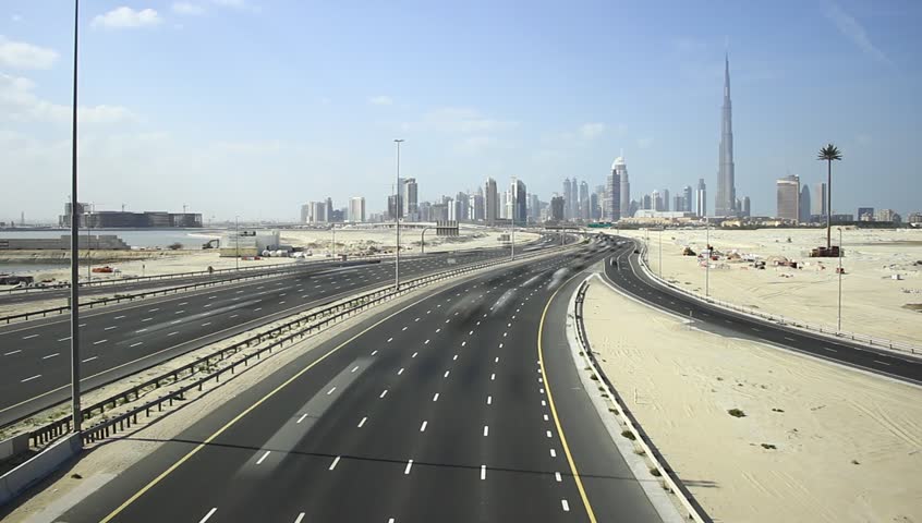 Dubai Skyline And Roads Traffic Time Lapse. Nice Cityscape View Of ...