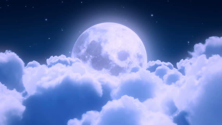 Flying Over The Clouds In The Night With The Moon. Seamless 3d ...