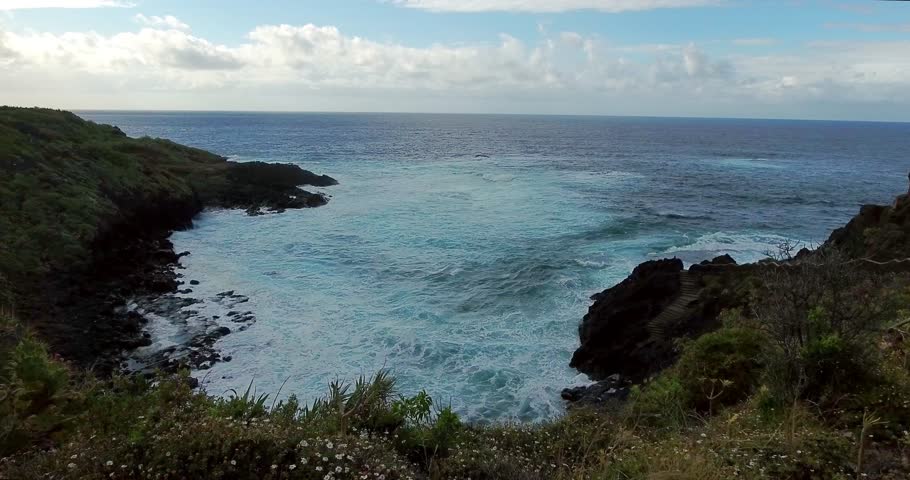 Rocky Beach With Palm Trees, Blue Water On A Tropical Island. Sea Rocky ...