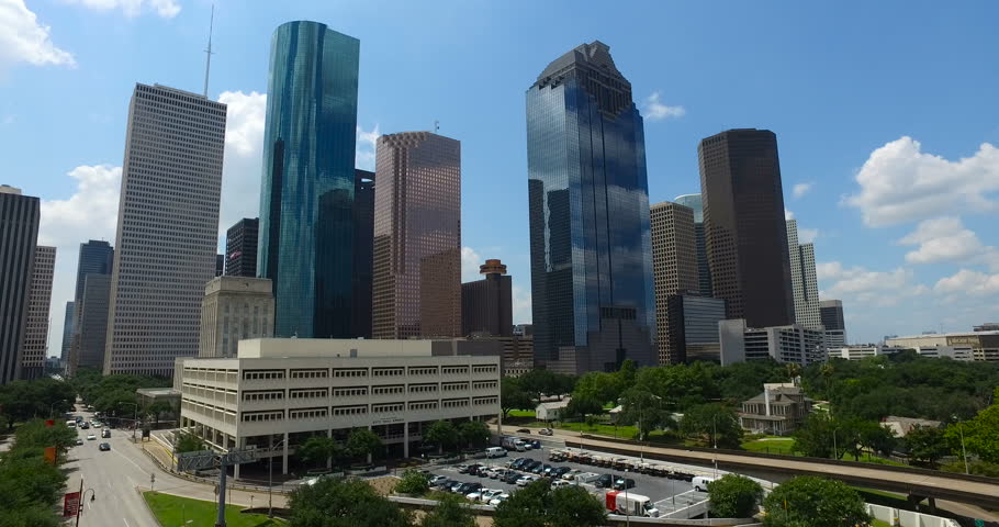 Aerial Video Of The Houston Skyline Near The Theater District In ...