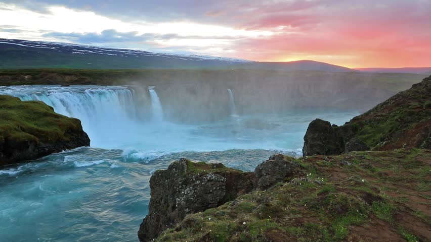 Colorful Summer Sunset On The Godafoss Waterfall On Skjalfandafljot ...