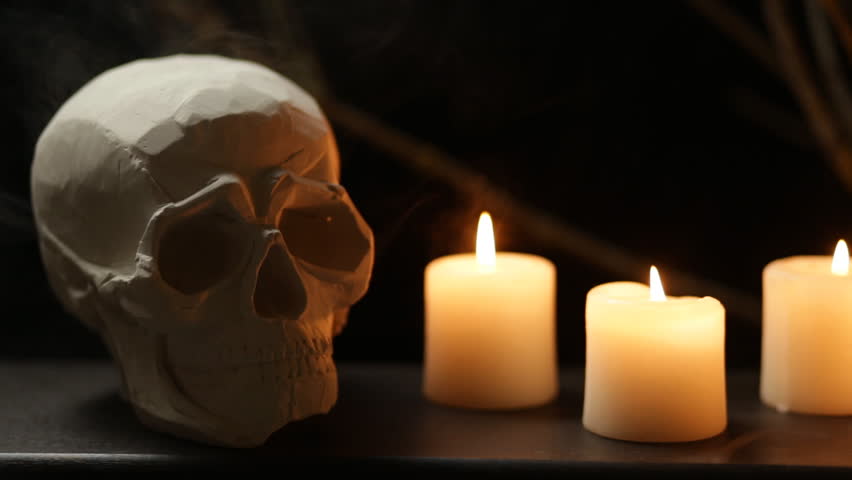abstract halloween background composition with skull and candles and smoke seamless loop short version - Halloween Background Video abstract halloween background composition with skull and candles and smoke seamless loop short version - Halloween Background Video