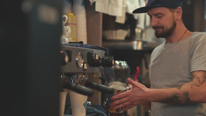 Making Coffee Barista Heats Milk Frothing Of Machine Hipster A Cozy Shop Making Coffee Barista Heats Milk Frothing Of Machine Hipster A Cozy Shop