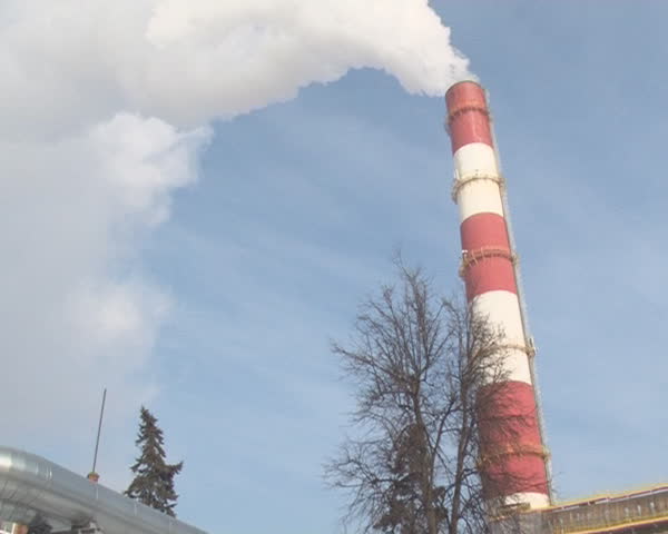 Smoke Fumes Into Blue Sky From Boiler Chimney Stack. Heat Supply To ...