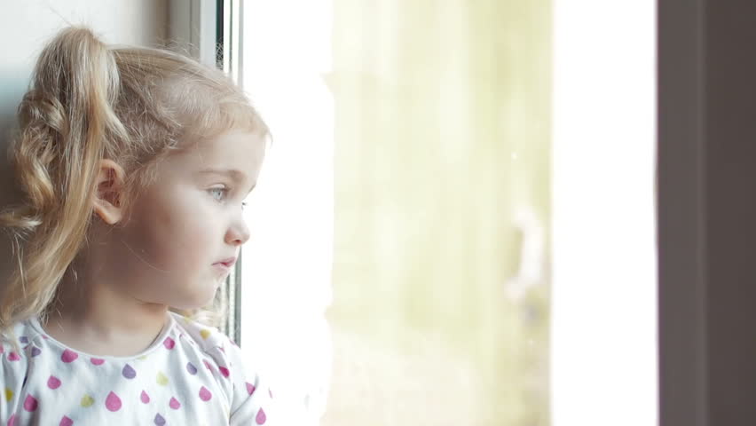 Sad Alone Child Looking Out Window Glass, Unhappy Bored Little Girl ...