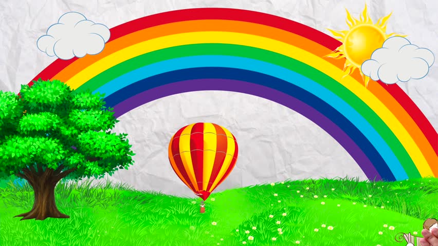 Cute Cartoon Animation Of Colorful Rainbow With Some Clouds Over The