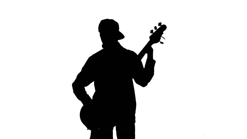 Black Silhouette Of Guy Playing Guitar On White Background