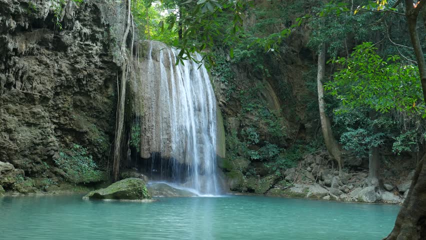 Paradise Jungle Forest With Beautiful Waterfall In Green Lush Of Erawan ...