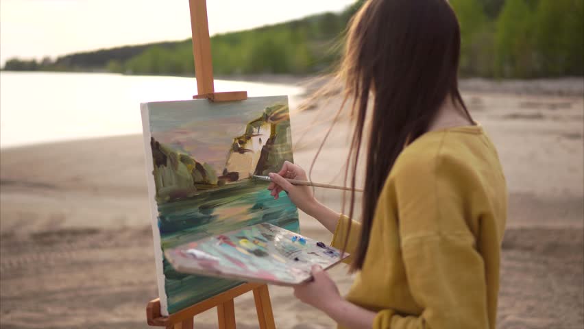 Young Woman Painter Drawing Oil Stock Footage Video (100% Royalty-free