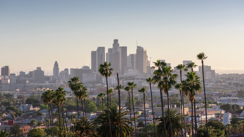 Downtown Los Angeles Golden Hour Light With Clouds And Palm Trees Stock ...