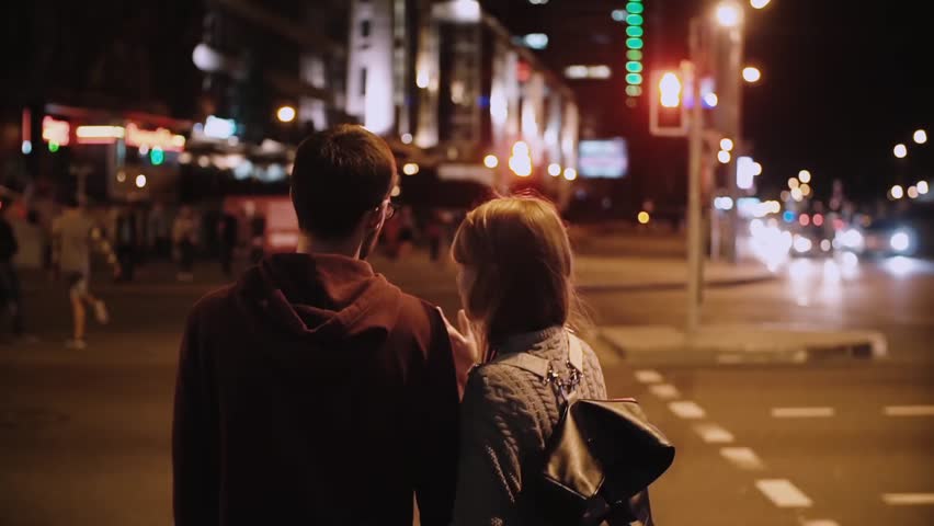 Young Couple Hugging And Kissing On The Street, Romantic Date, First ...