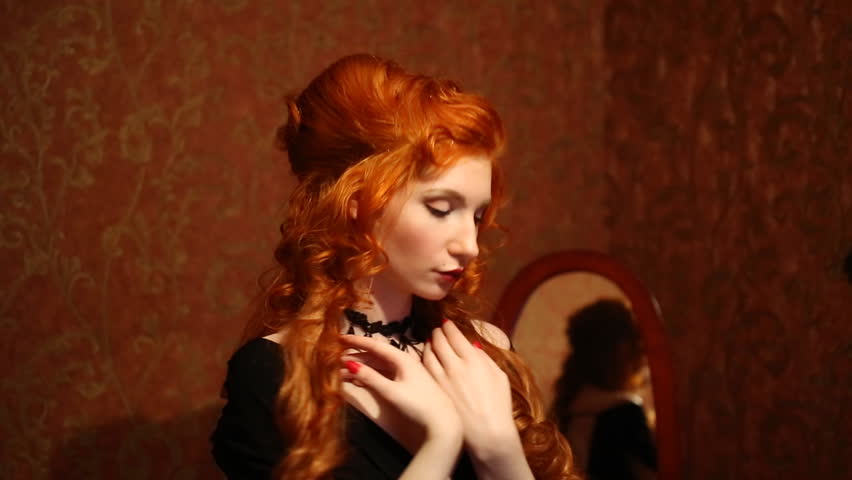 Hd00 15portrait Of A Woman With Long Red Curly Hair In A Black And